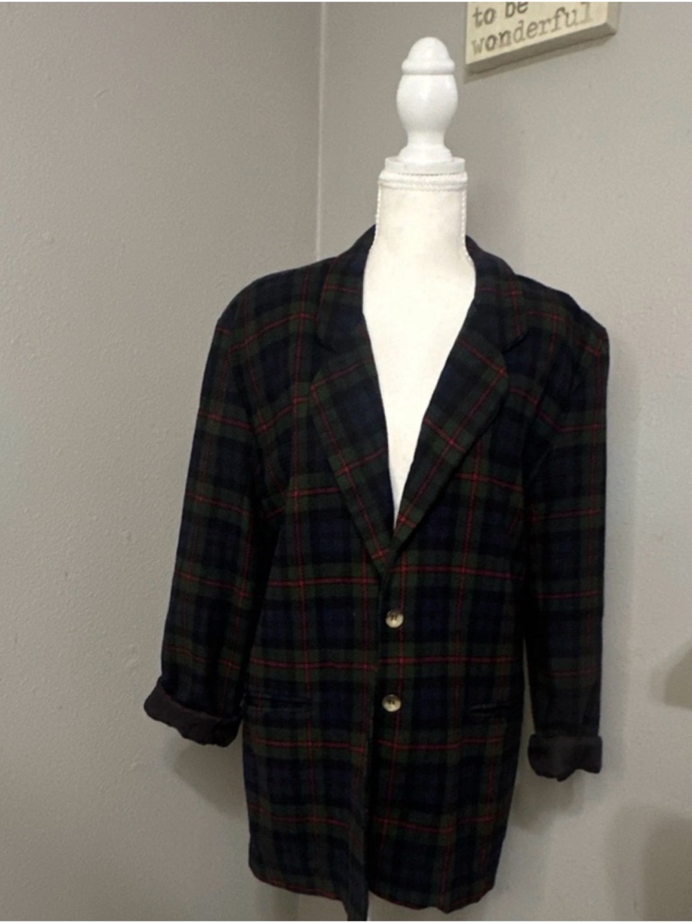 Cherokee woman Dark Green & Navy Plaid Pea Coat vintage